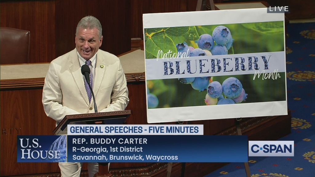 photo of rep. buddy carter of georgia on the floor of the united states house of representatives standing next to a sign about national blueberry month