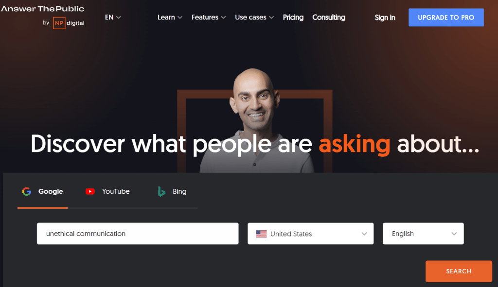 screenshot of a search about "unethical communication" with answerthepublic.com.