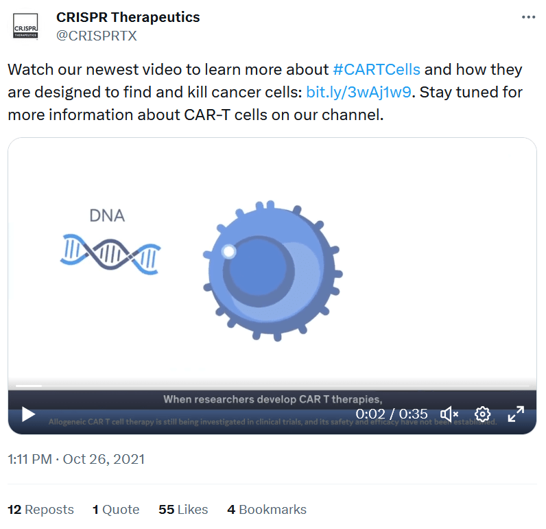screenshot of a tweet from crispr therapeutics