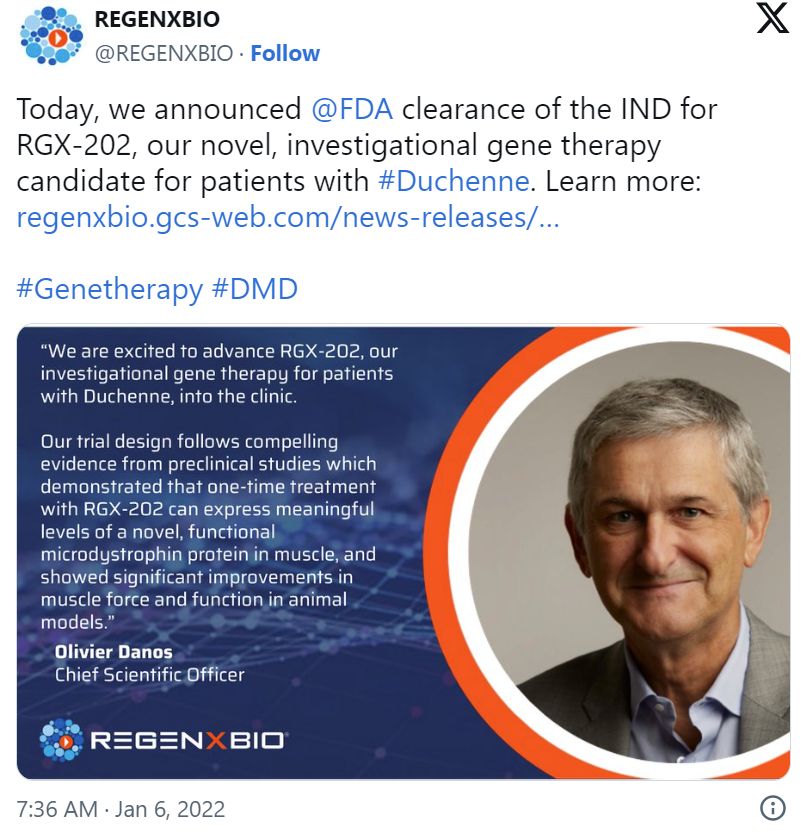 screenshot of a tweet from regenxbio