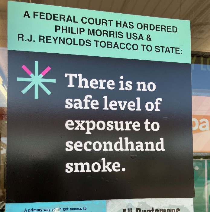 a sign ordered by a US federal court talking about the dangers of smoking