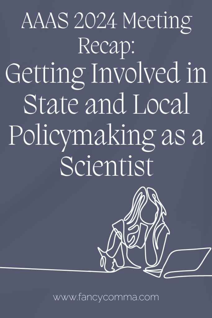 image that has a girl at a laptop and reads "aaas 2024 meeting recap: getting involved in state and local policymaking as a scientist"