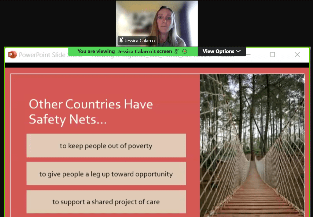 screenshot of jessica calarco's talk on zoom sponsored by PRB