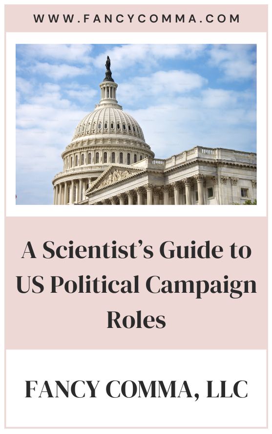infographic with a photo of the us capitol building against a blue sky backdrop that reads: "www.fancycomma.com / a scientist's guide to us campaign roles / fancy comma, llc"