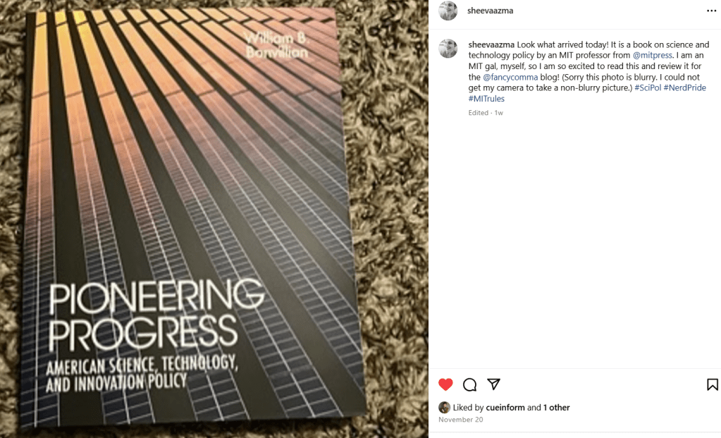 screenshot of a post sheeva wrote on her instagram talking about reviewing a science policy book called "pioneering progress" by william bonvillian