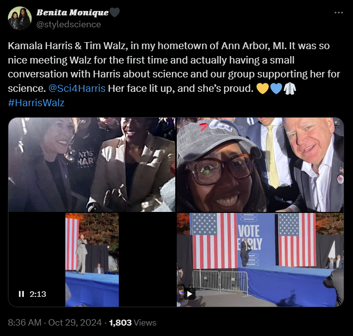 screenshot of a tweet in which a member of scientists for harris told kamala harris about our grassroots coalition!