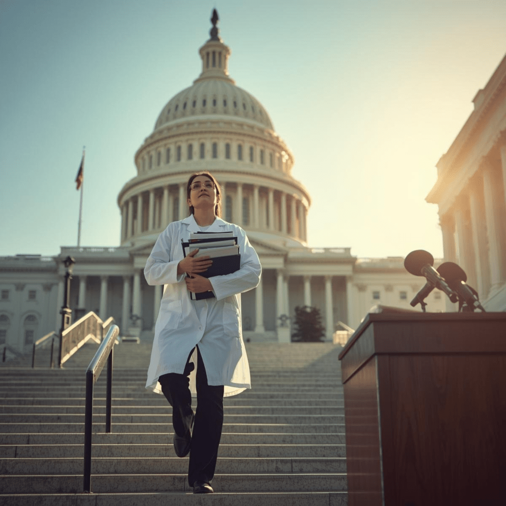 ai-generated image of a scientist walking down the steps of capitol hill to give a briefing