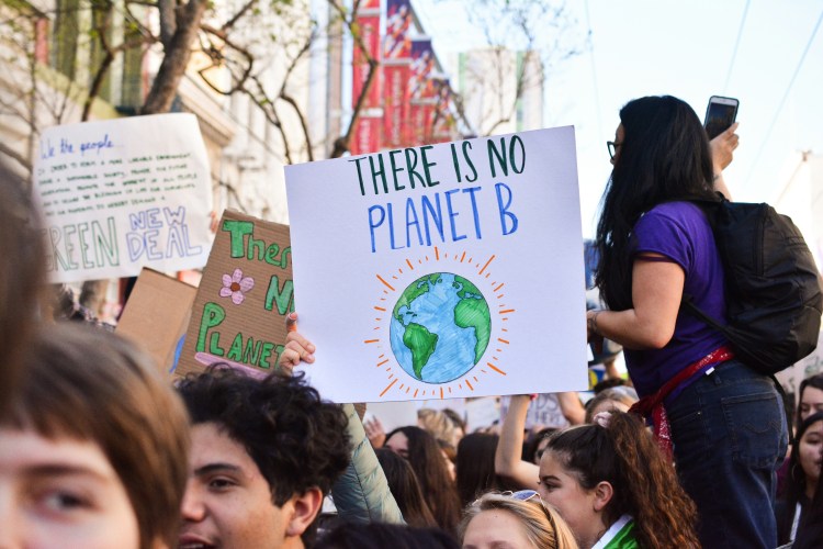 person holding a sign at a rally that says, "there is no planet b"