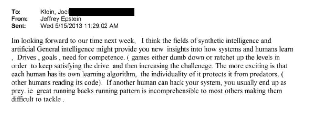 screenshot of epstein file # EFTA01975154 where he talks about the importance of synthetic intelligence and artificial general intelligence