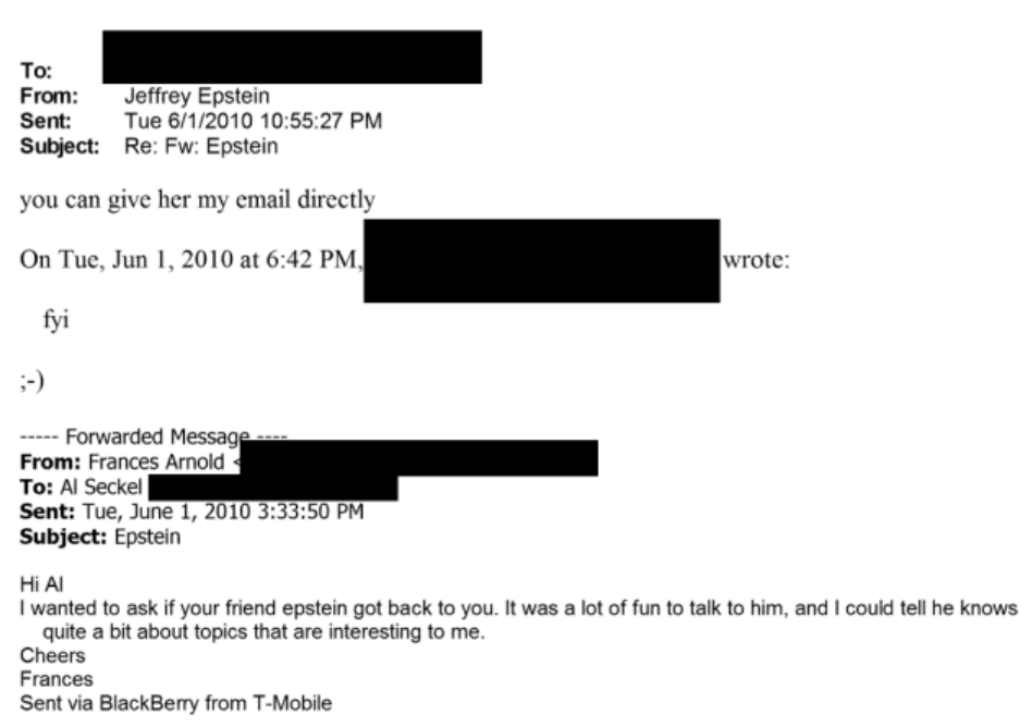 an email from frances arnold inquiring about connecting with jeffrey epstein from mid-2010