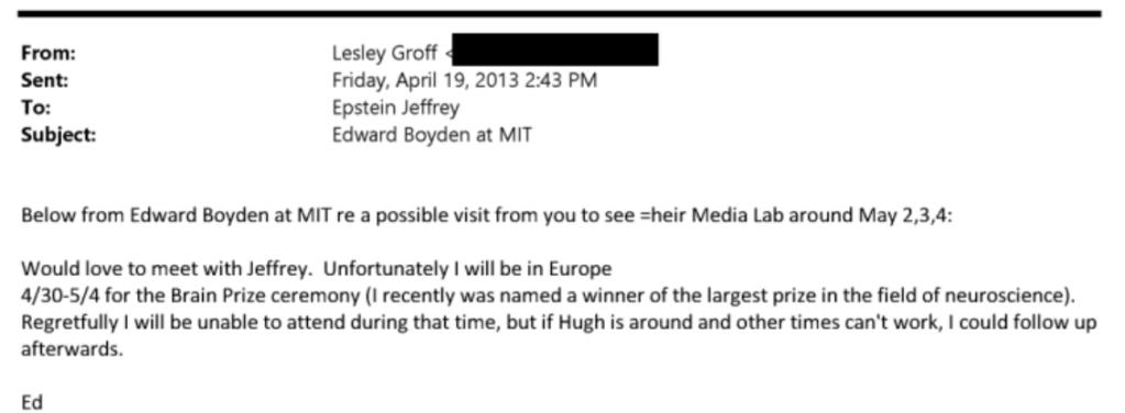 email from ed boyden to jeffrey epstein's assistant in 2013 about boyden winning the largest prize in the field of neuroscience