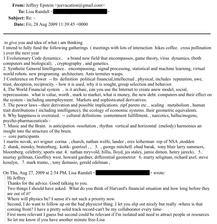 screenshot of efta00883729 in the epstein files: an email sent to lisa randall from jeffrey epstein talking about science research directions he wanted to fund shortly after he got out of jail in 2009