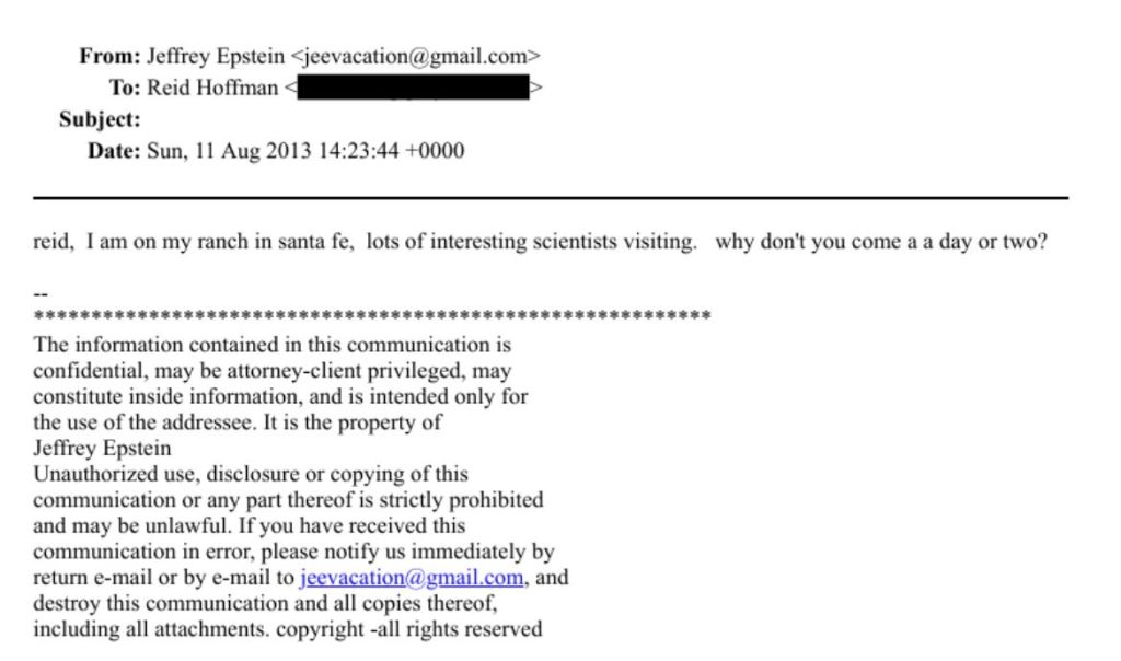 epstein files email efta00967409. "lots of interesting scientists visiting," epstein tells reid hoffman, the co-founder of linkedIn.