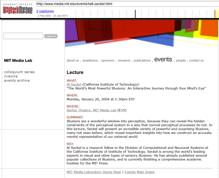 screenshot of a 2004 talk by al seckel at mit media lab