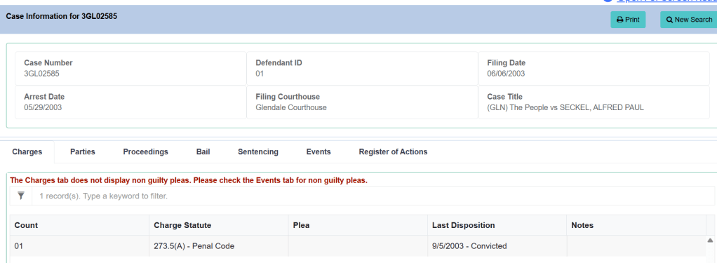 screenshot of al seckel's conviction under california law pertaining to domestic violence from the superior court of california, county of los angeles' website