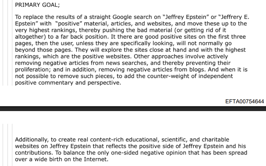 email excerpt from al seckel to jeffrey epstein, sent in 2010, about how to improve epstein's online presence post-jail