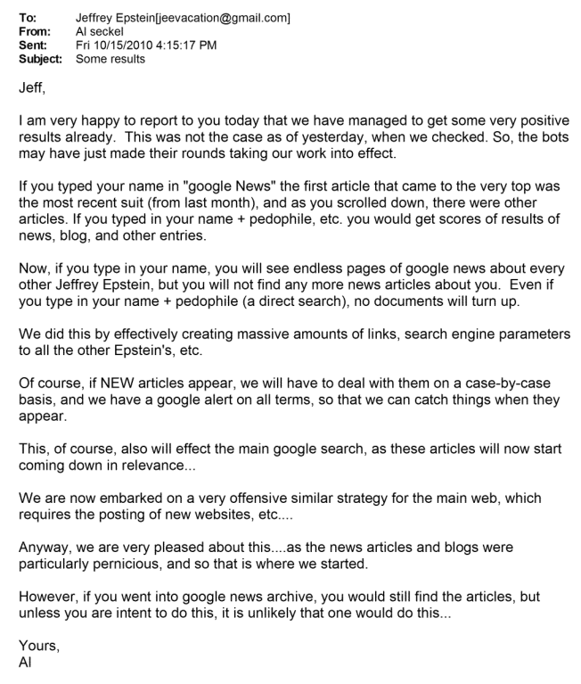 email from al seckel to jeffrey epstein about cleaning up epstein's online image