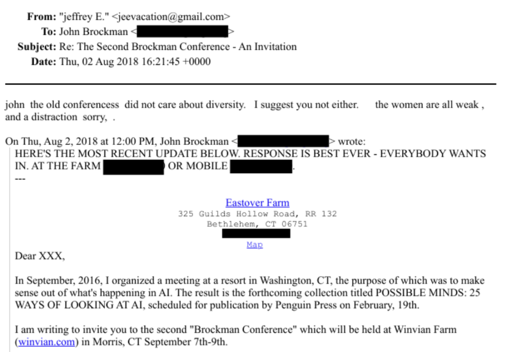 screenshot of an excerpt of EFTA01004058 in which jeffrey epstein describes women as "weak and a distraction"