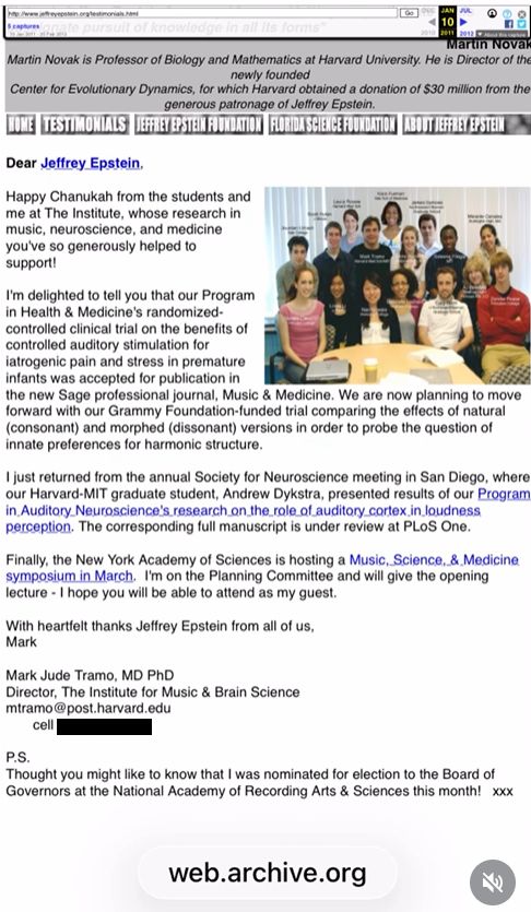 screenshot from jeffrey epstein foundation's website featuring a letter from mark tramo