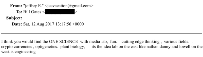 a screenshot of efta01037800 from the dept of justice's epstein files where epstein emails bill gates about how plant biology research and the mit media lab are cool