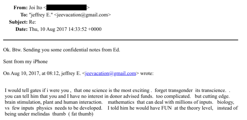 an email from joi ito to jeffrey epstein in the epstein files referencing confidential notes from ed boyden - efta00688463