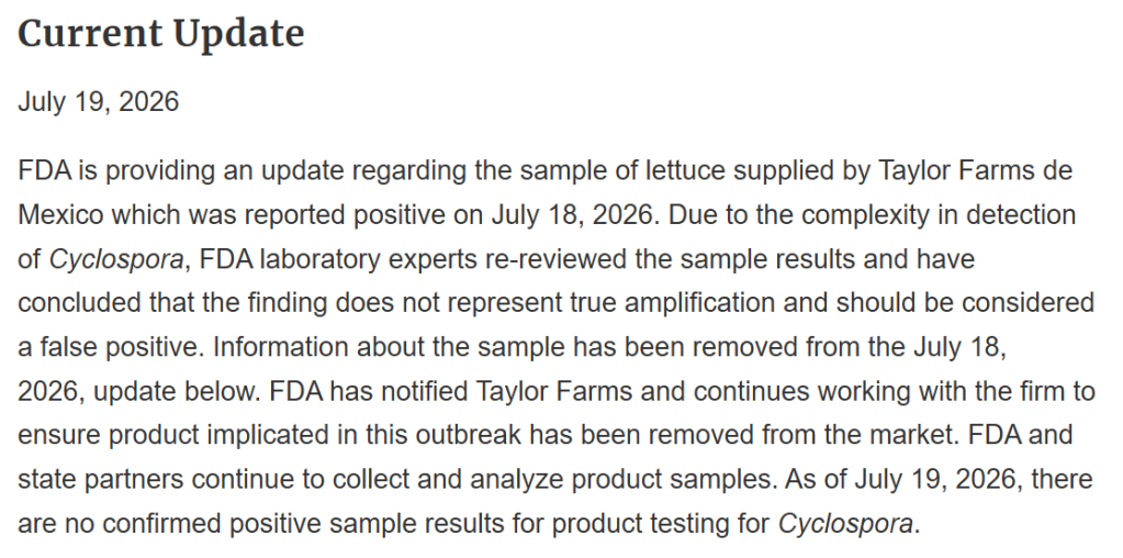 screenshot of an fda announcement recalling the positive results of cyclospora in taylor farms iceberg lettuce