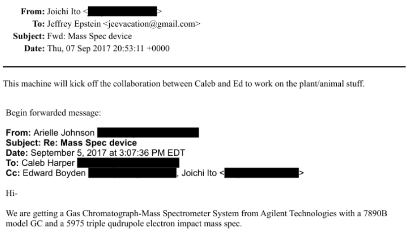efta01032604 in the doj epstein files is an email forward to jeffrey epstein from joi ito about how the plant project he collaborated on would proceed at the mit media lab by getting a new piece of technology called a gas chromatograph-mass spectrometer