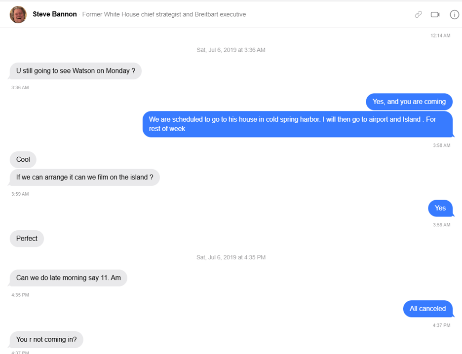text message chain between steve bannon and jeffrey epstein about meeting up for lunch with james watson on july 6, 2019, the day epstein was arrested on trafficking charges involving minors