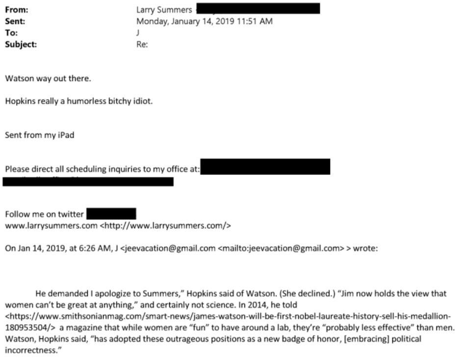 in an email to epstein, larry summers calls james watson "way out there" and nancy hopkins "really a humorless bitchy idiot"