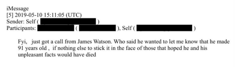 epstein telling his group chat that james watson turned 91 despite everyone who "hoped he and his unpleasant facts would have died"