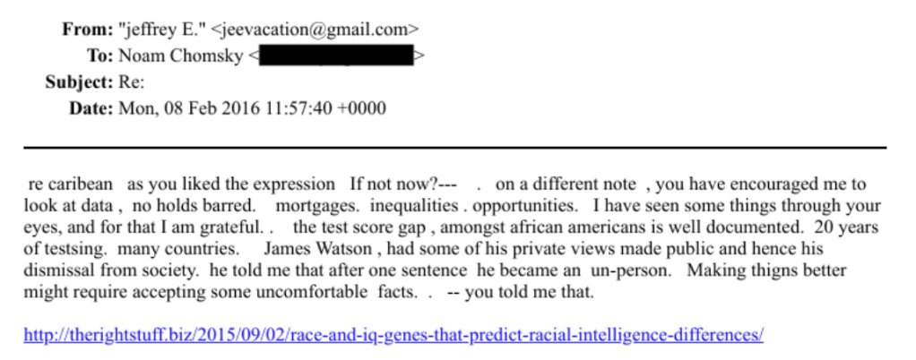 email from jeffrey epstein to noam chomsky about james watson's (racist) ideas about race