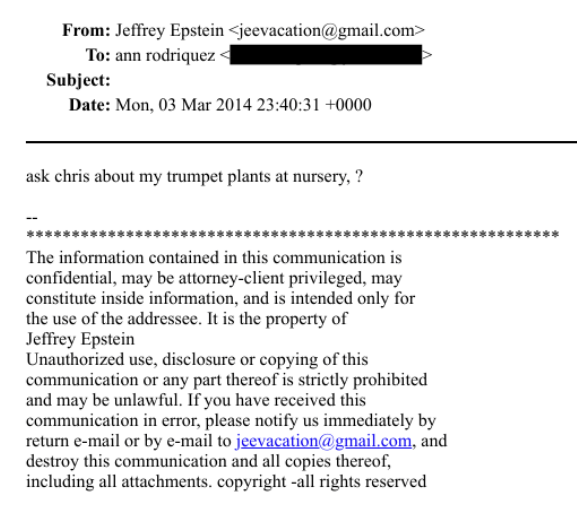 screenshot of jeffrey epstein asking about trumpet plants from efta00984429