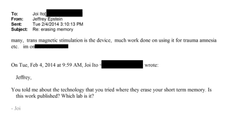 efta00769736 where jeffrey epstein tells his friend joi ito that scientists used tms to erase short-term memories in epstein's brain