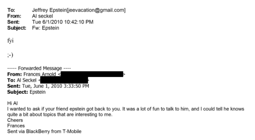 efta02413466 from the epstein files is a letter between frances arnold and al seckel in which frances arnold seems like she wants to connect with epstein