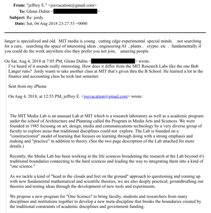 efta01003986 is an email between glenn dubin and jeffrey epstein about onescience and mit