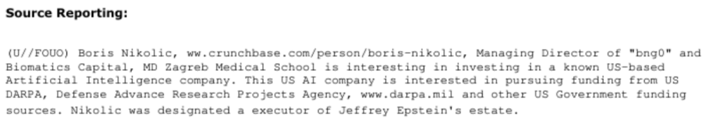 efta00128843 explains that epstein's beneficiary, boris nikolic, was seeking to invest in a us ai company seeking funding from the us department of defense