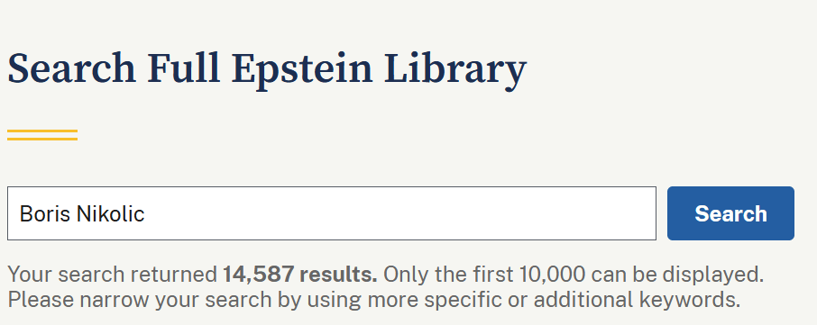 screenshot of boris nikolic's 14,587 mentions in the epstein files