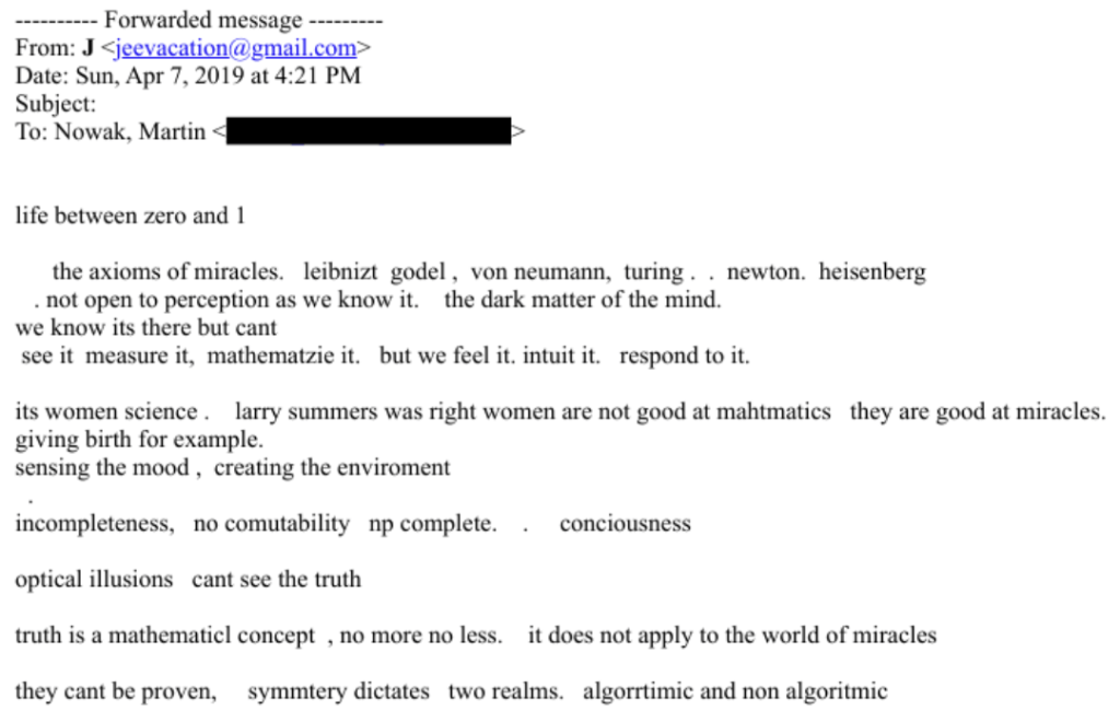 in efta01033391, jeffrey epstein tells martin nowak that woman are not good at science, but they are good at giving birth