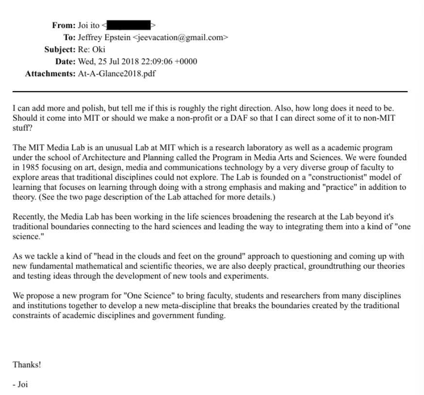 text of joi ito's one science proposal as found in the epstein files:  efta01006397