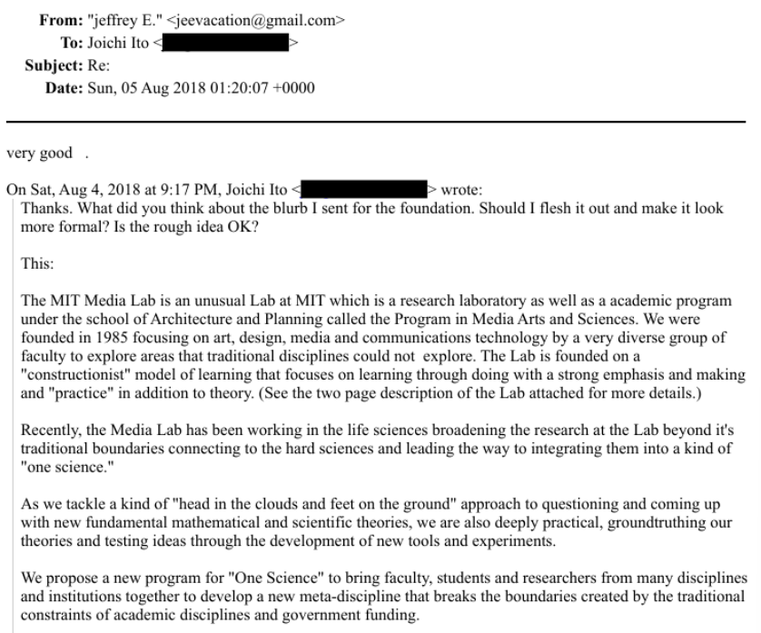 email with a proposal for one science epstein was to send to a deep-pocketed billionaire donor who he did not disclose to joi ito, head of the mit media lab who was to receive this money